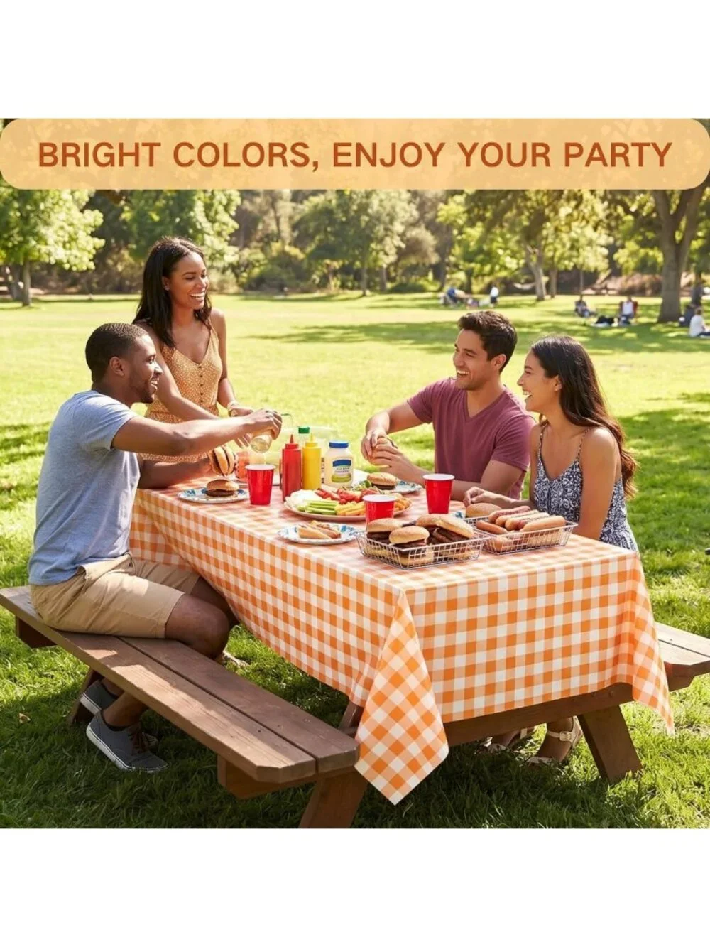 300FT x 54IN Orange & White Checkered Tablecloth Roll with Cutter - Perfect for